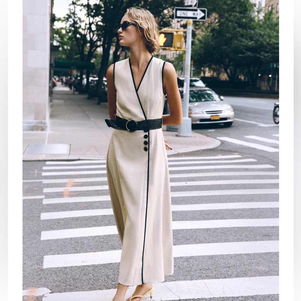 Zara Cream Midi Dress with Black Trim